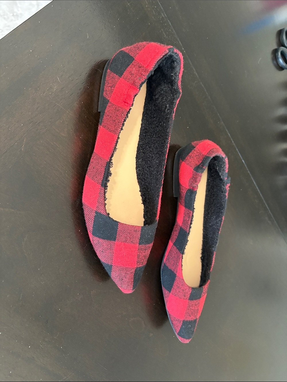 crown & ivy Red and Black Buffalo Plaid Pointed Toe Flats